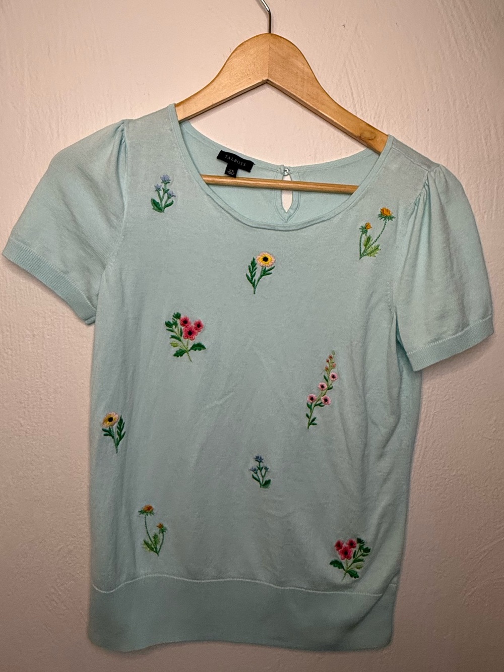 Talbots Light Blue Short Sleeve Floral Embroidered Top